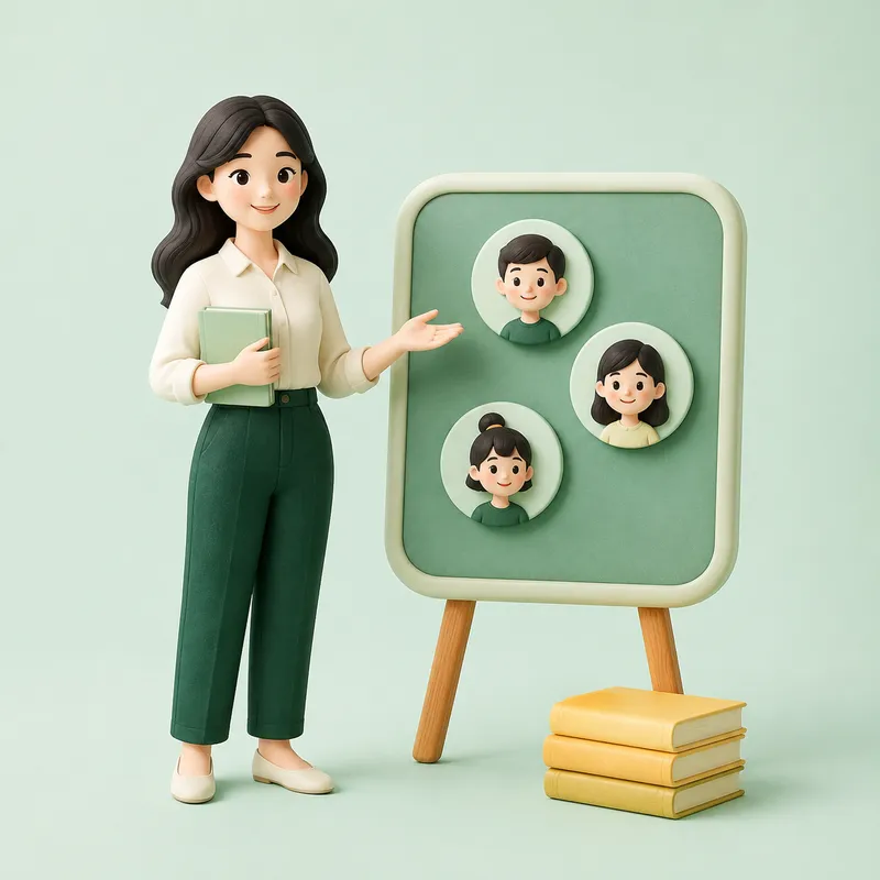 Minh họa giáo viên bên bảng với các biểu tượng học sinh.