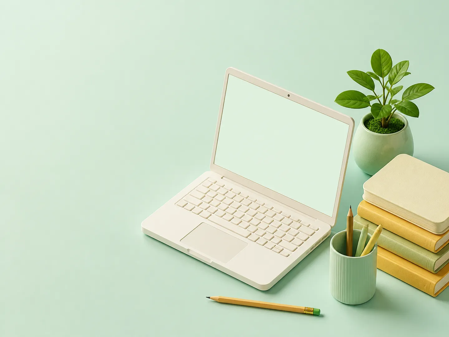 Minh họa 3D góc bàn giáo viên với laptop, sách và đồ dùng học tập màu mint.