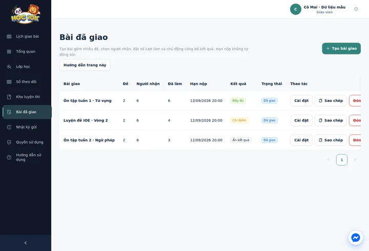 Portal giáo viên: ba bài giao mẫu với số đề, người nhận và chế độ kết quả.