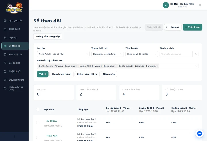 Ảnh portal với điểm và tiến độ học sinh mẫu trong Sổ theo dõi.
