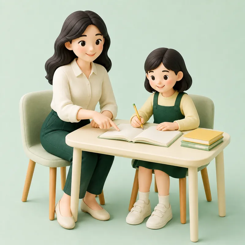 Minh họa giáo viên ngồi cạnh học sinh và hướng dẫn làm bài.